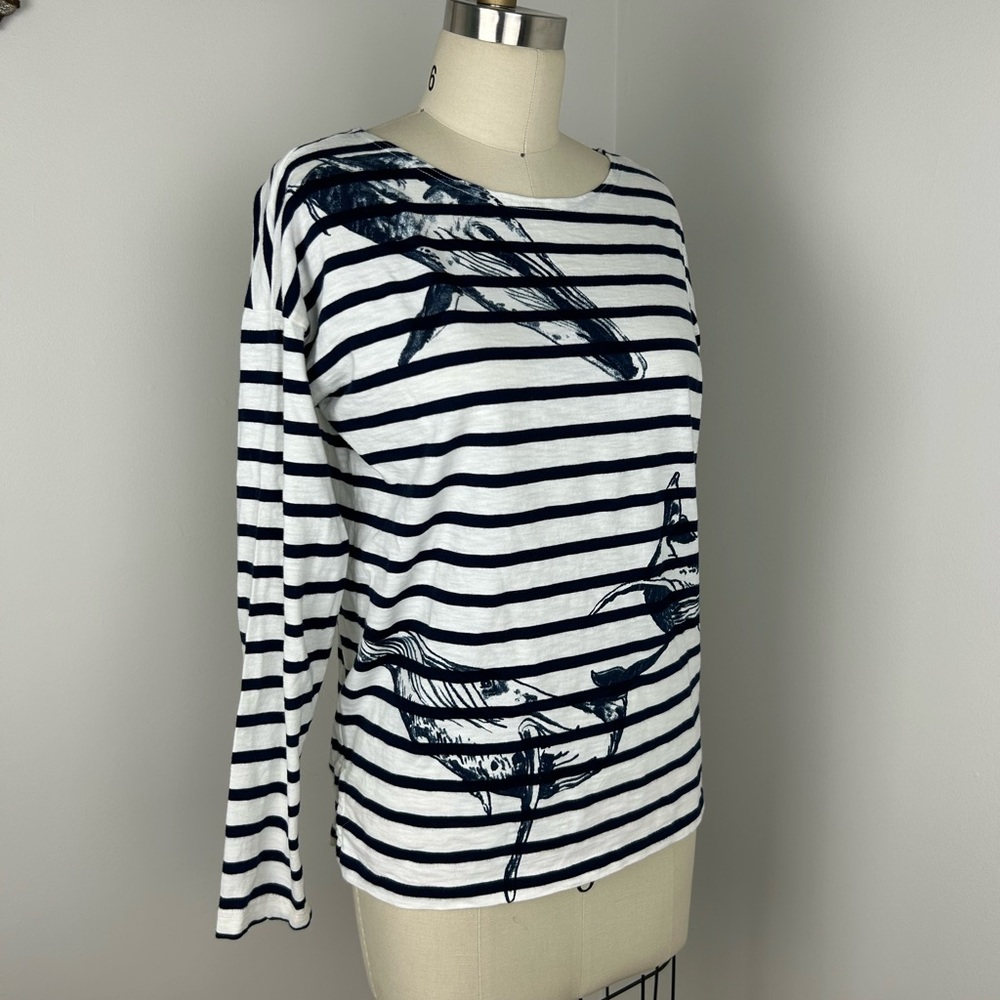 J Crew Conversation Society Whales Tee Shirt Top navy white stripe cotton Small